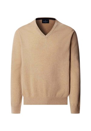 Beige V-Ausschnitt Pullover mit langen Ärmeln, gerippten Manschetten und Saum, aus weichem Strickmaterial, etikettiert von Hackett London.