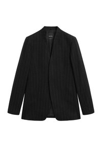 Czarna marynarka w prążki z klapami z nacięciem, długimi rękawami i pojedynczym przodem bez guzika. Wykonana z teksturowanej tkaniny, wnętrze bez podszewki.