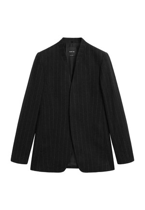 Czarna marynarka w prążki z klapami z nacięciem, długimi rękawami i pojedynczym przodem bez guzika. Wykonana z teksturowanej tkaniny, wnętrze bez podszewki.