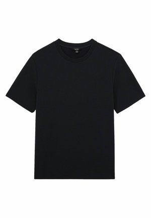 Schwarzes T-Shirt aus strukturiertem Stoff mit kurzen Ärmeln und rundem Ausschnitt. Einfaches Design, keine sichtbaren Muster oder Akzente.