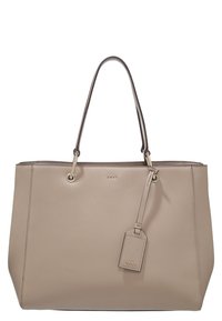 Beige synthetic tote bag with dual top handles, gold-tone hardware, textured surface, and removable label. Measures approximately medium size.