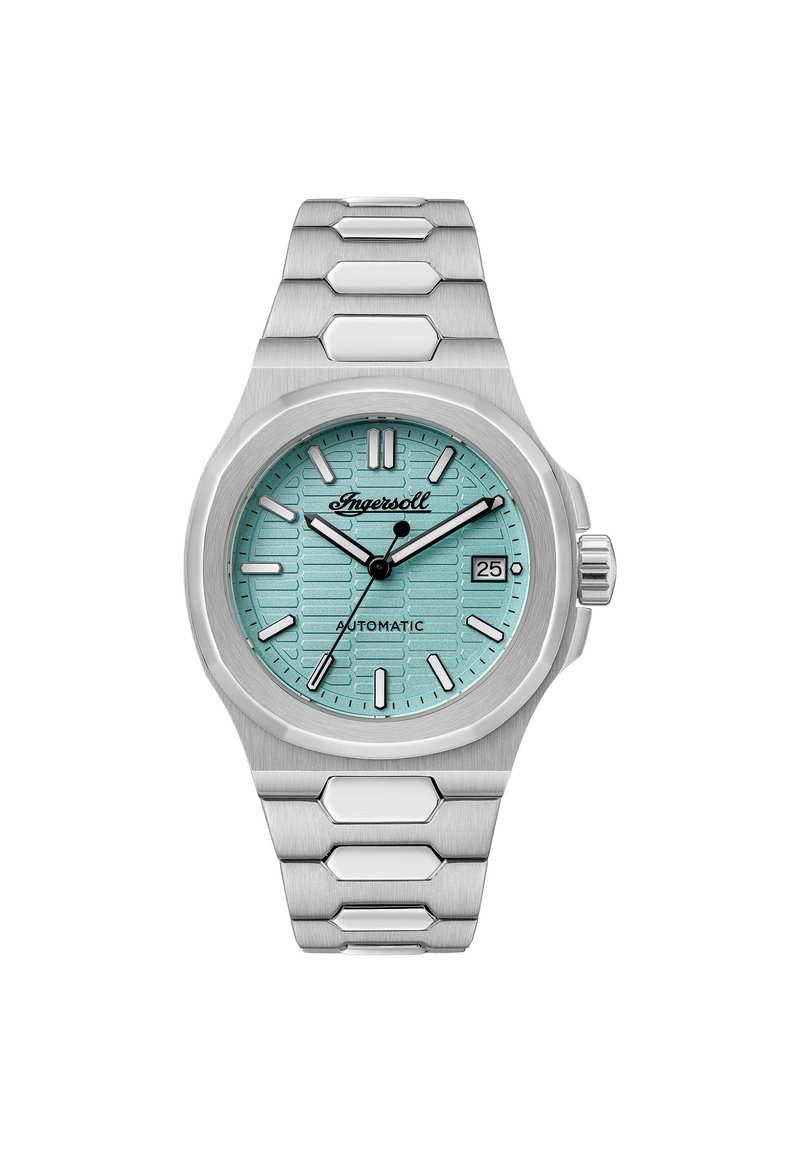 Stainless steel watch featuring an octagonal case, turquoise textured dial, luminous hands, and a date display at 3 o’clock. Hexagonal link bracelet.
