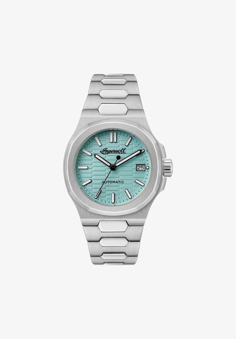 Roestvrijstalen horloge met een octagonale kast, turquoise textuur wijzerplaat, luminescente wijzers en een datumaanduiding op 3 uur. Hexagonaal schakelarmband.