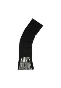 Écharpe en tricot noir avec le mot "SAINTS" en texte blanc, terminée par un détail de frange à une extrémité. Texture douce avec un design droit.