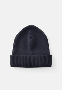 Navy ribbed knit beanie with a folded cuff and seam detailing at the crown; soft texture, lightweight and form-fitting design.