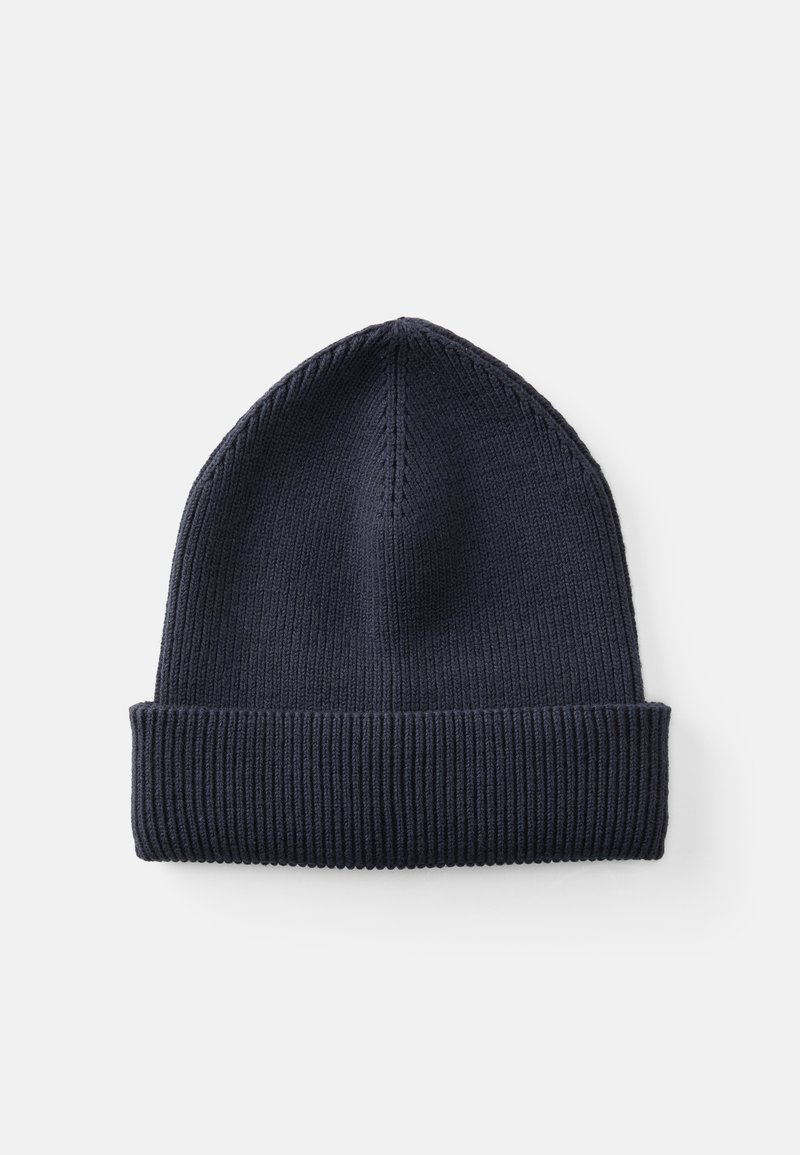 Navy ribbed knit beanie with a folded cuff and seam detailing at the crown; soft texture, lightweight and form-fitting design.