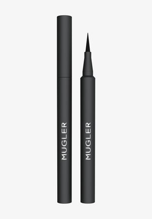 Black eyeliner pen with a tapered tip, matte textured finish, and white "MUGLER" branding on the side. Cap is cylindrical and fitted.