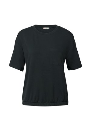Zwart T-shirt met korte mouwen, gemaakt van zachte stof, met een ronde halslijn en een klein borstzakje. Elastische zoom met een losse pasvorm.