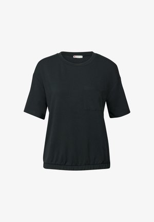 Lyhythihoinen musta T-paita, joka on valmistettu pehmeästä kankaasta. Siinä on pyöreä kaulus ja pieni rintatasku. Venytetty helma ja löysä malli.