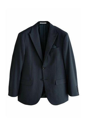 Ciemnoniebieska marynarka wykonana z teksturowanej tkaniny, posiadająca dwie przednie kieszenie, zapięcie na jeden guzik oraz szpiczaste klapy. W zestawie znajduje się poszetka.