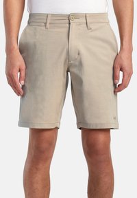 Beige shorts made of lightweight fabric. Classic design with a button closure, belt loops, and side pockets. Clean hem.