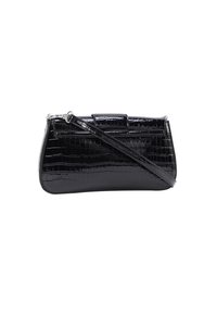 Sac à main noir en cuir à motif crocodile, avec une forme élégante, une finition brillante et une bandoulière amovible ; il dispose d'un haut structuré et d'une fermeture magnétique.