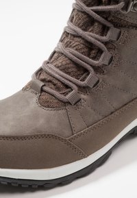 Bruine wandelschoen met een gestructureerde bovenkant, versterkt vetersysteem en een gevoerde zool. Materiaal bestaat uit suède met synthetische accenten.