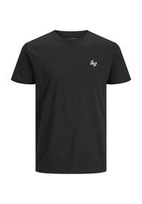 Schwarzes Baumwoll-T-Shirt mit rundem Ausschnitt, kurzen Ärmeln und einem kleinen weißen Logo auf der linken Brustseite. Glatte Textur, schlichtes Design.