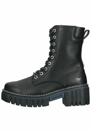 Black leather ankle boot with round toe, thick platform sole, gray laces, and side loop. Features stitching accents and logo detail.