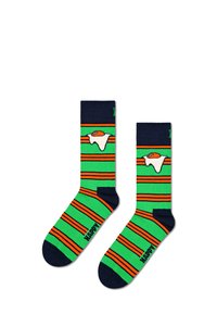 Zielone i granatowe skarpetki z pomarańczowymi i czarnymi paskami, z białą grafiką jajka z przodu oraz napisem "HAPPY" przy kostce.