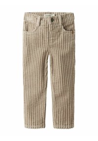 Pantaloni in corduroy beige con righe verticali, dotati di due tasche frontali e una vita elastica per un facile indossamento. Chiusura con un singolo bottone in metallo.