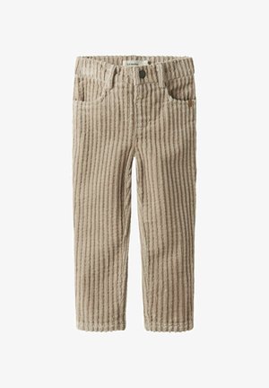 Pantalones de pana beige con acanalado vertical, que cuentan con dos bolsillos frontales y una cintura elástica para mayor comodidad. Cierre con un solo botón metálico.