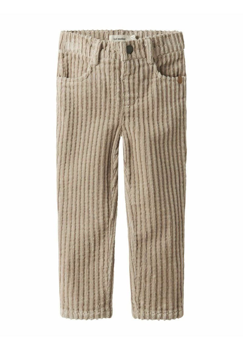 Pantaloni in corduroy beige con righe verticali, dotati di due tasche frontali e una vita elastica per un facile indossamento. Chiusura con un singolo bottone in metallo.