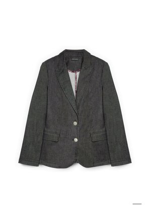 Dunkelblauer Denim-Blazer mit Reverskragen, silberner Blumenknopf-Verschluss und zwei vorderen Taschen; das Innenfutter hat ein kontrastierendes Muster.