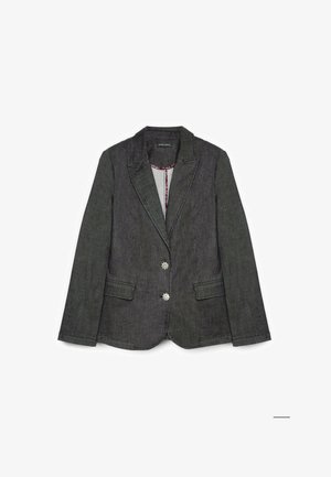 Dark denim blazer with a notched collar, silver flower-button closure, and two front pockets; interior features a contrasting pattern.
