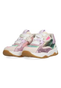 Multicolore sneakers met roze, groene en witte tinten. Bevatten een glinsterende afwerking, mesh panelen en een rubberen zool met textuur voor grip.