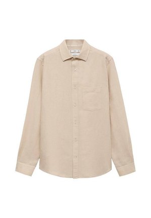 Beige long-sleeve shirt made of lightweight fabric, featuring a button-down front, collar, and a single chest pocket. Smooth texture.