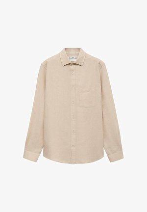 Beige long-sleeve shirt made of lightweight fabric, featuring a button-down front, collar, and a single chest pocket. Smooth texture.