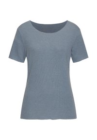 Simple blue short-sleeve knit top with a round neckline and slightly flared hem, displayed on a white background.