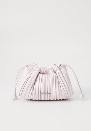 Light pink pleated handbag with a drawstring closure, made of smooth material, featuring silver hardware and a subtle metallic accent.