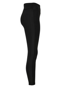 Černé legíny s vysokým pasem, vyznačující se hladkou texturou a slim fit šitím. Boční švy zdůrazňují design. Vhodné pro aktivní nošení.