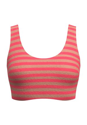Striped pink and beige sports bra with wide shoulder straps and a scoop neckline on a white background.