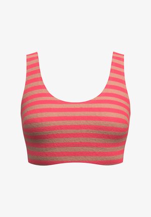 Striped pink and beige sports bra with wide shoulder straps and a scoop neckline on a white background.