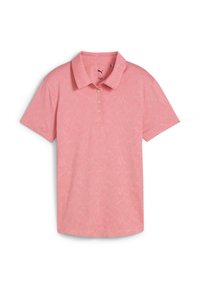 Světle růžové polo tričko s texturovaným květinovým vzorem, s knoflíkovou légou na tři knoflíky a klasickým límečkem. Krátké rukávy, měkká tkanina.