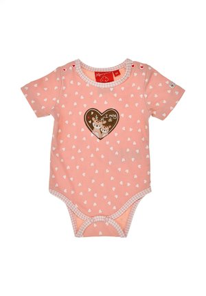 Rosa Baby-Body mit weißem Herzmuster, Vichy-Karo-Besatz und einem zentralen Herz-Aufnäher mit zwei Rehen und dem Text "I mog di."