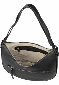 Sac à épaule en cuir noir avec une texture lisse, fermetures éclair, doublure intérieure beige et une longue bandoulière pour le transport.