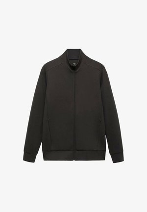 Schwarze Zip-Jacke mit hohem Kragen, langen Ärmeln und seitlichen Taschen. Hergestellt aus glattem Stoff mit strukturiertem Design und ohne sichtbare Muster.