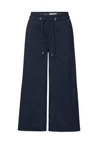 Marineblauwe wijde broek van zachte stof, met een elastische tailleband met een trekkoord en metalen accenten.