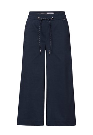 Marineblauwe wijde broek van zachte stof, met een elastische tailleband met een trekkoord en metalen accenten.