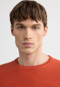 Rostfarbener Strickpullover mit strukturiertem Muster, Rundhalsausschnitt und kurzen Ärmeln, präsentiert an einem Modell mit heller Haut und braunem Haar.