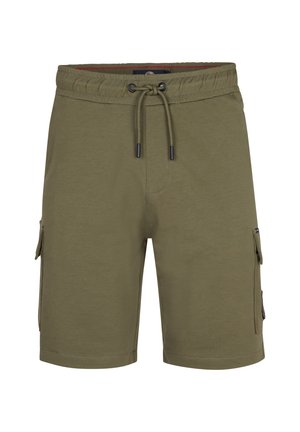 Pantaloni scurți cargo verde măsliniu cu talie elastică, închidere cu șnur, buzunare laterale și material din amestec de bumbac neted.