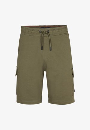 Pantaloni scurți cargo verde măsliniu cu talie elastică, închidere cu șnur, buzunare laterale și material din amestec de bumbac neted.