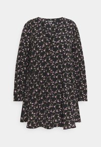 Vestido negro de manga larga, con un patrón floral en púrpura y verde. Tiene un escote en V y cierre de botones en la parte delantera.