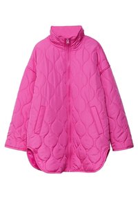 Gep quilteter rosa Janker mit hohem Kragen, vollem Frontreißverschluss und Seitentaschen. Verfügt über eine boxy Form und eine weiche, glatte Textur.