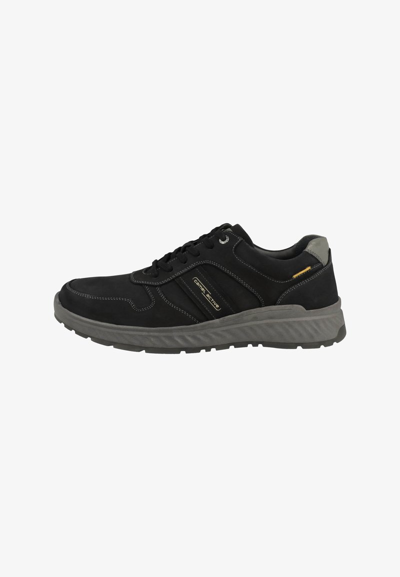 Schwarze Sneaker aus synthetischem Material mit grauen Akzenten. Verfügt über eine dicke Sohle, ein Schnürdesign und dekorative Nähte an den Seiten.