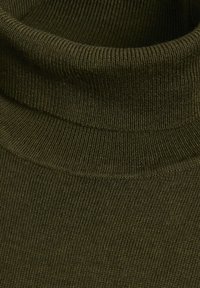 Gros plan sur le col roulé d'un pull en maille côtelée vert foncé, replié.