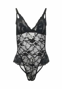 Czarny bodysuit z koronkowy wzorem w kwiaty, z regulowanymi ramiączkami, głębokim dekoltem i przezroczystym, teksturowanym materiałem.