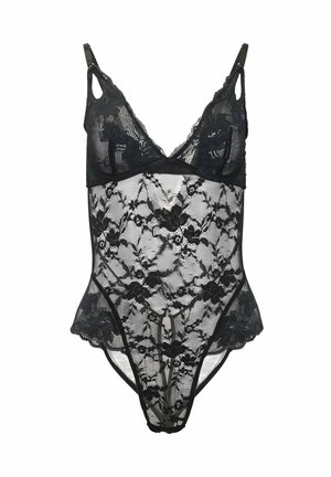 Body en dentelle noire avec des motifs floraux, des bretelles réglables, un décolleté plongeant et un tissu transparent texturé.