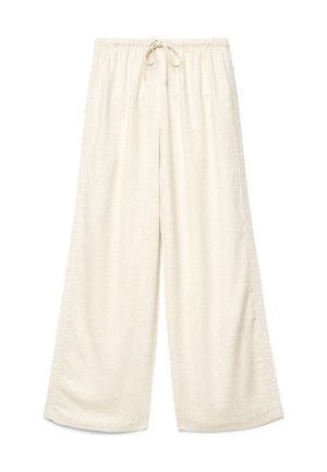 Pantalon ample de couleur crème avec taille élastique, lien à nouer et bordure en dentelle décorative le long des coutures extérieures.