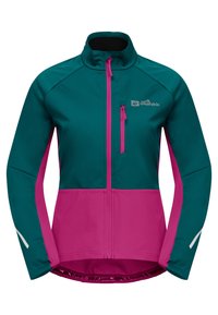 Veste softshell turquoise et rose avec une poche poitrine zippée, un col montant et des détails réfléchissants sur les manches. Présente une coupe ajustée.